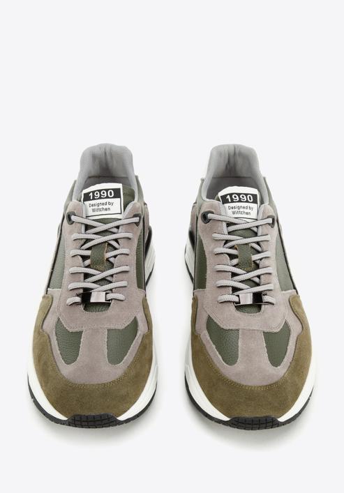 Men's leather trainers with suede detail, green - gray, 96-M-950-8-39, Photo 2