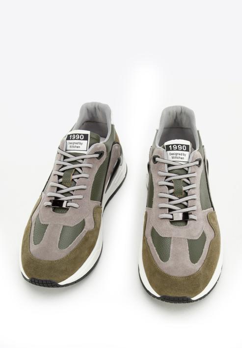 Męskie sneakersy skórzane z zamszowymi wstawkami, zielono-szary, 96-M-950-8-40, Zdjęcie 3