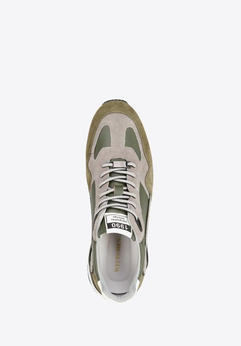 Męskie sneakersy skórzane z zamszowymi wstawkami, zielono-szary, 96-M-950-8-44, Zdjęcie 4