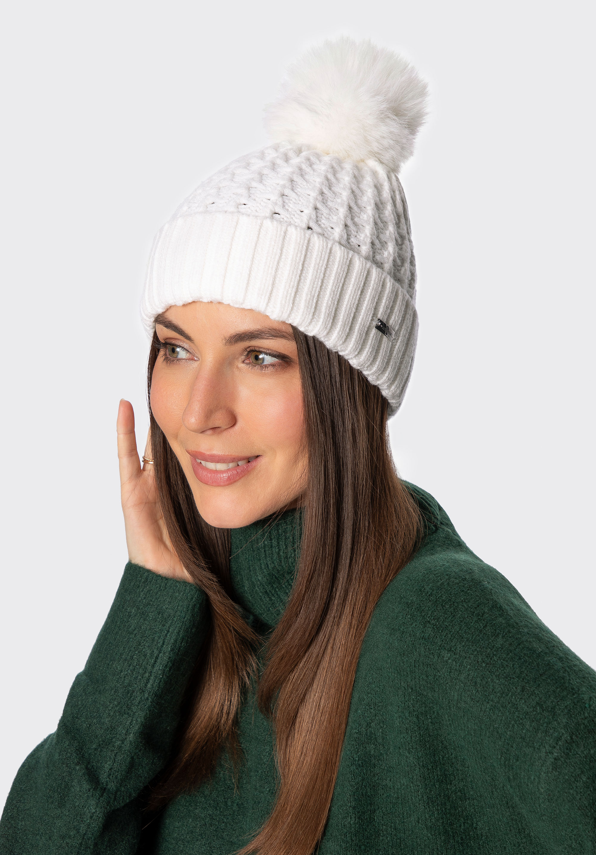 Women’s hat with a chunky knit pattern, off white, 101-HF-105-0, Photo 1