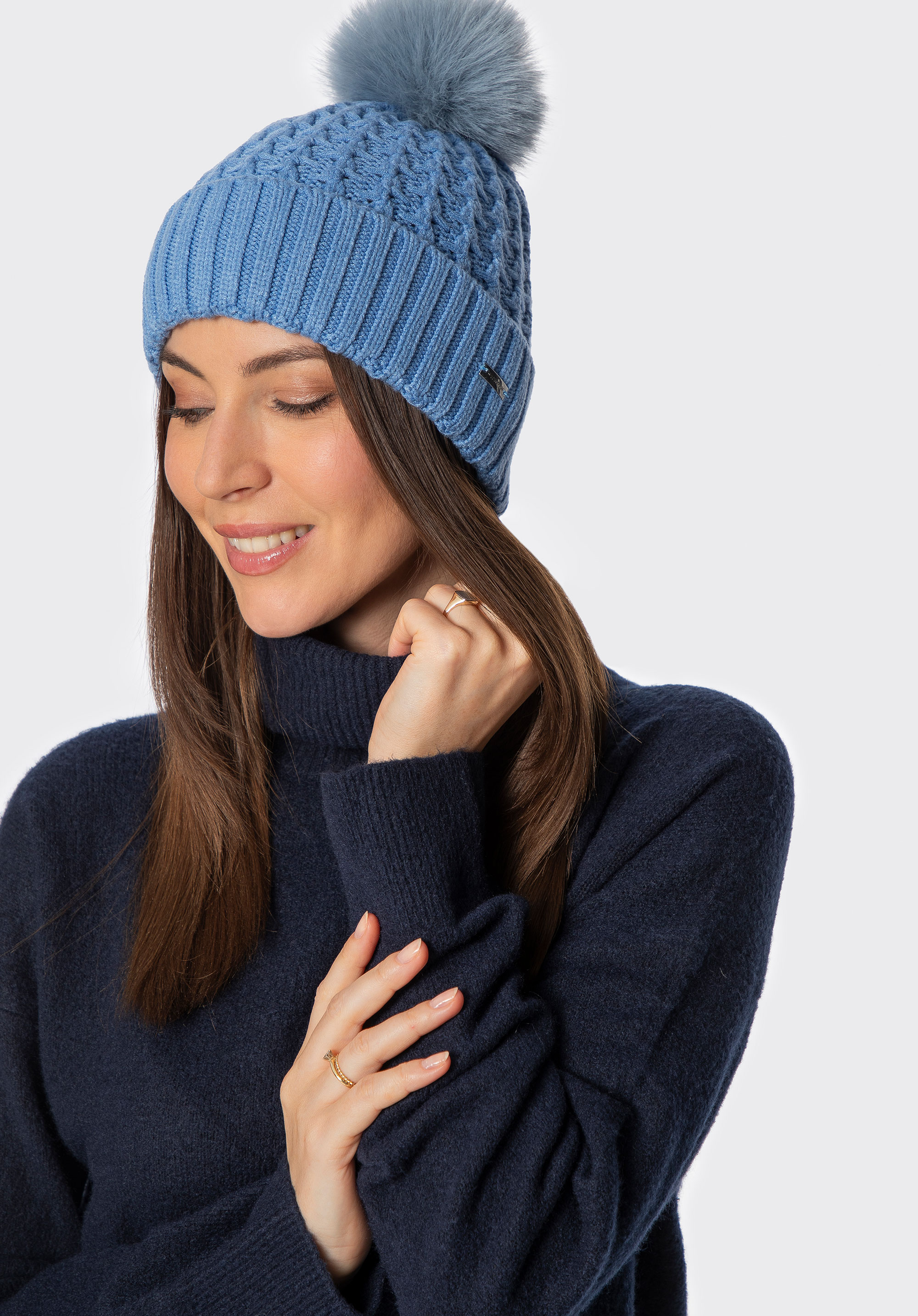 Women’s hat with a chunky knit pattern, blue, 101-HF-105-7, Photo 1