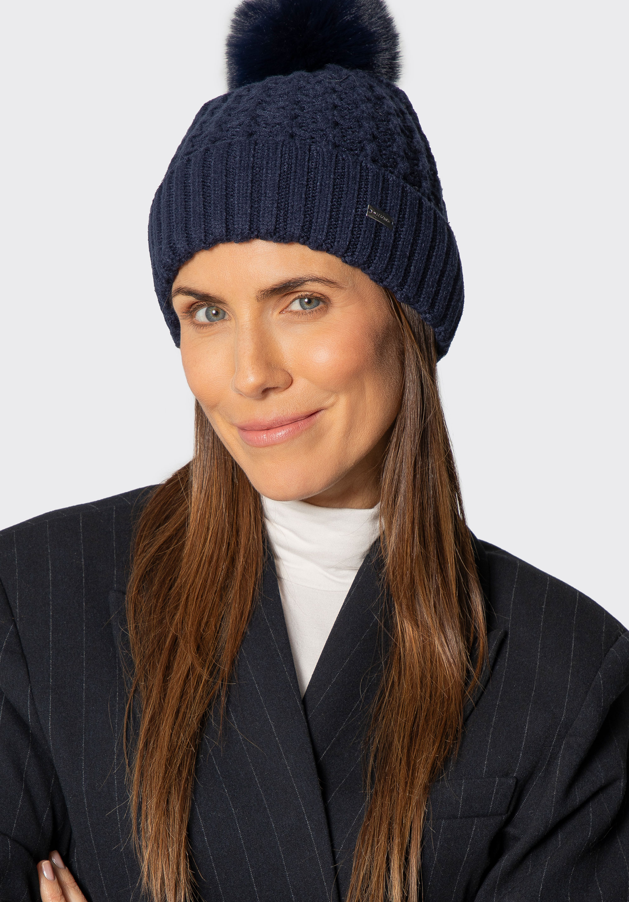 Women’s hat with a chunky knit pattern, navy blue, 101-HF-105-N, Photo 1