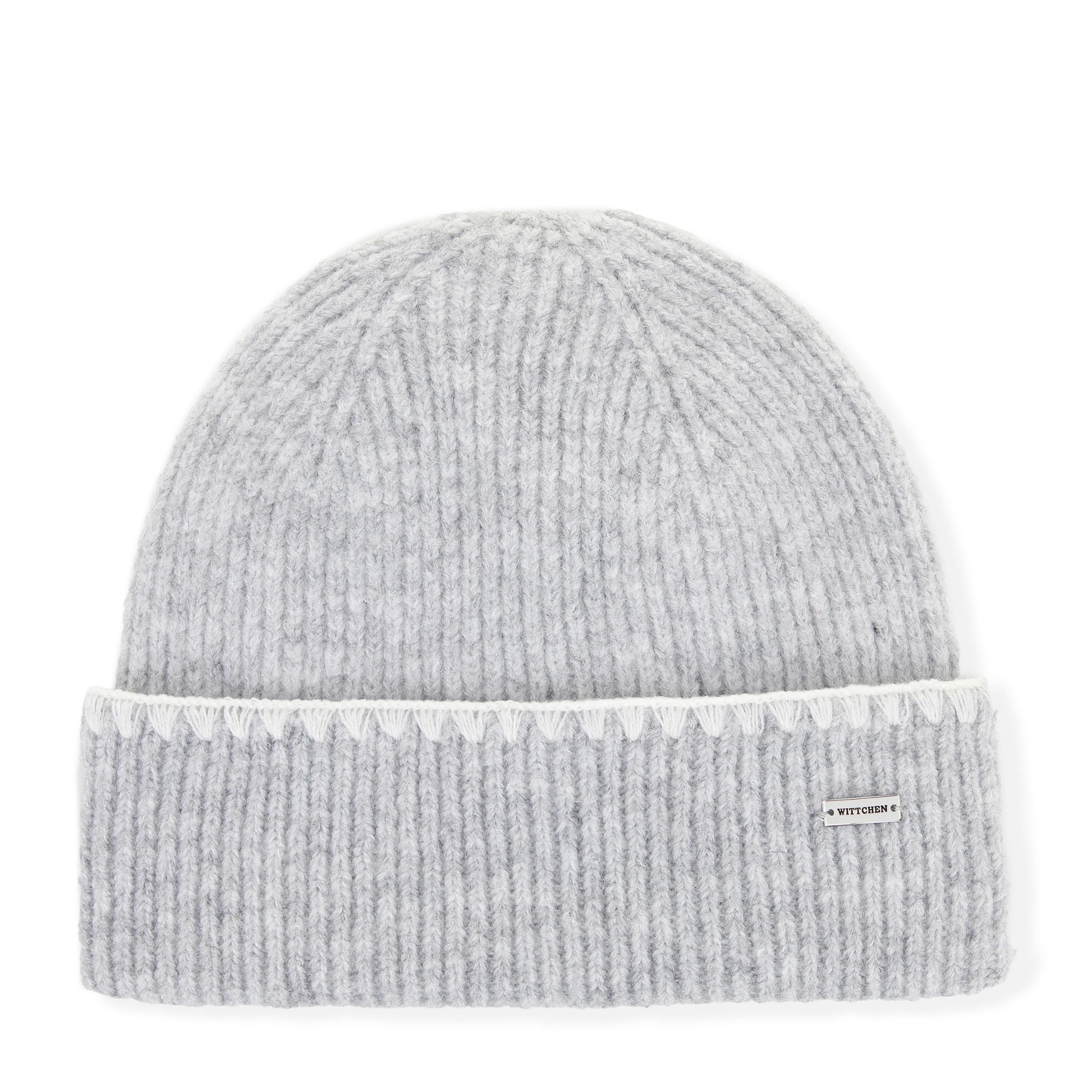 Dámska zimná šedá čiapka s ozdobným lemom a kovovým logom 101-HF-203-8