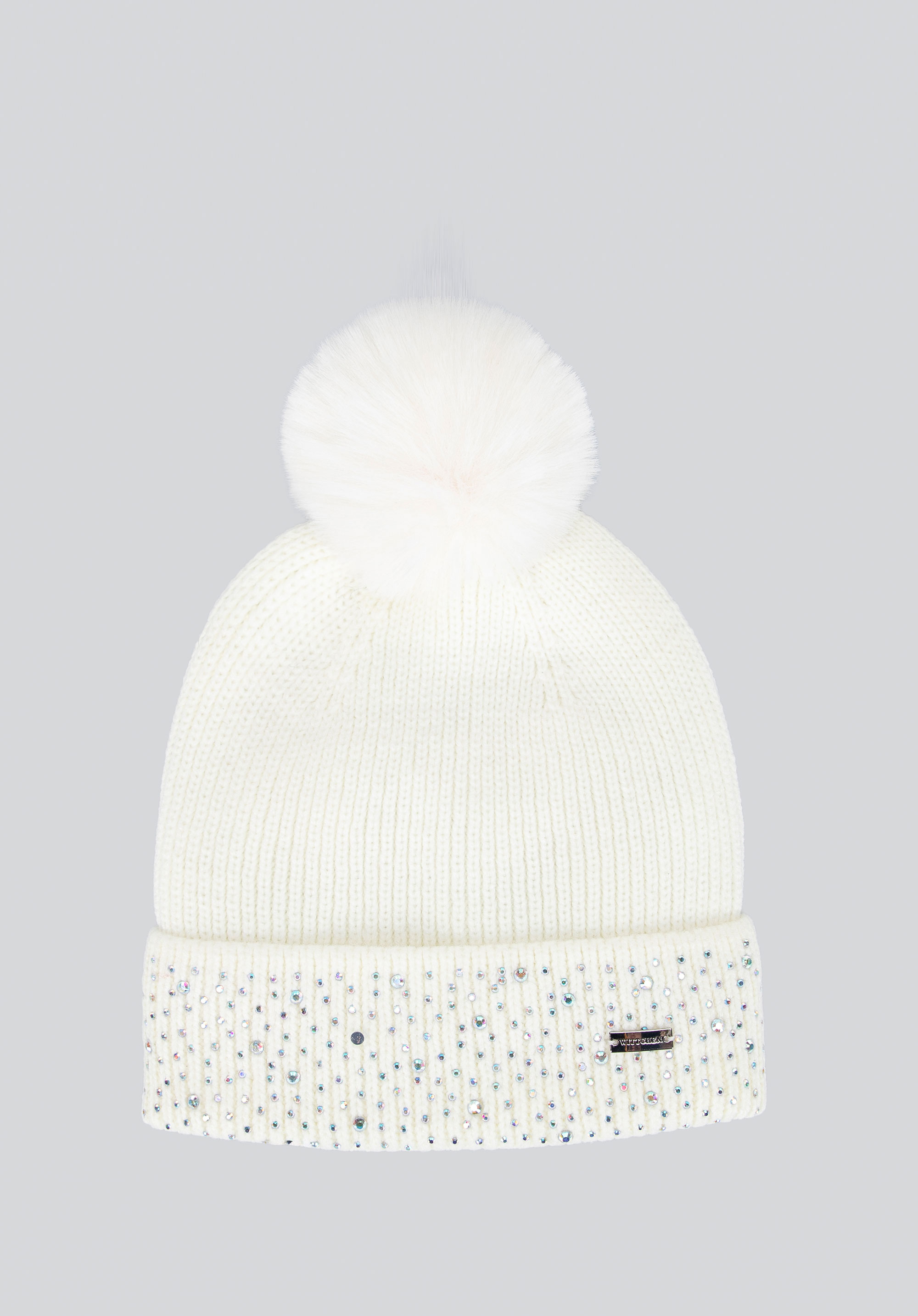 Women's winter hat with rhinestone beads, cream, 101-HF-204-0, Photo 1