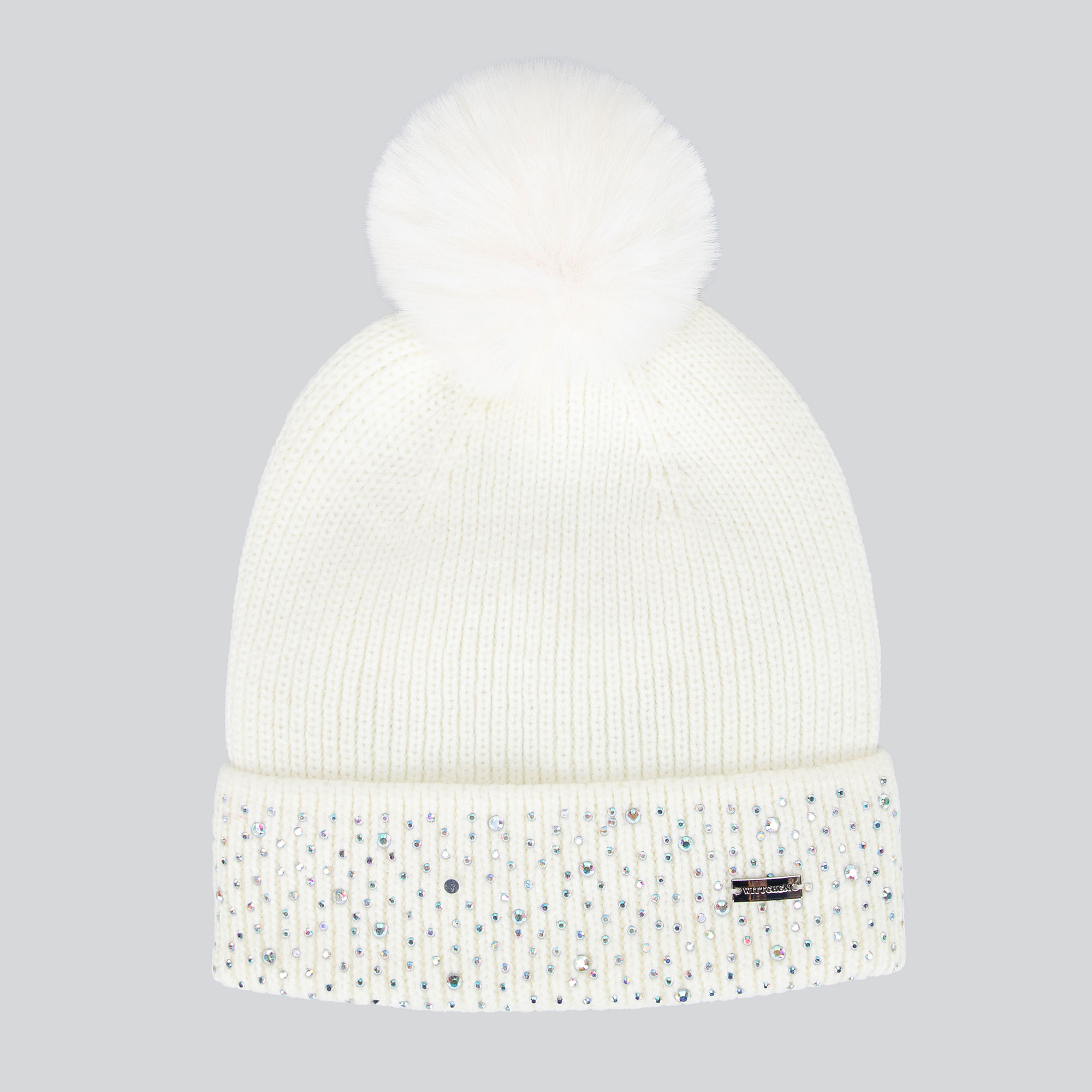 Dámska zimná krémová čiapka s brmbolcom a ozdobnými kamienkami 101-HF-204-0