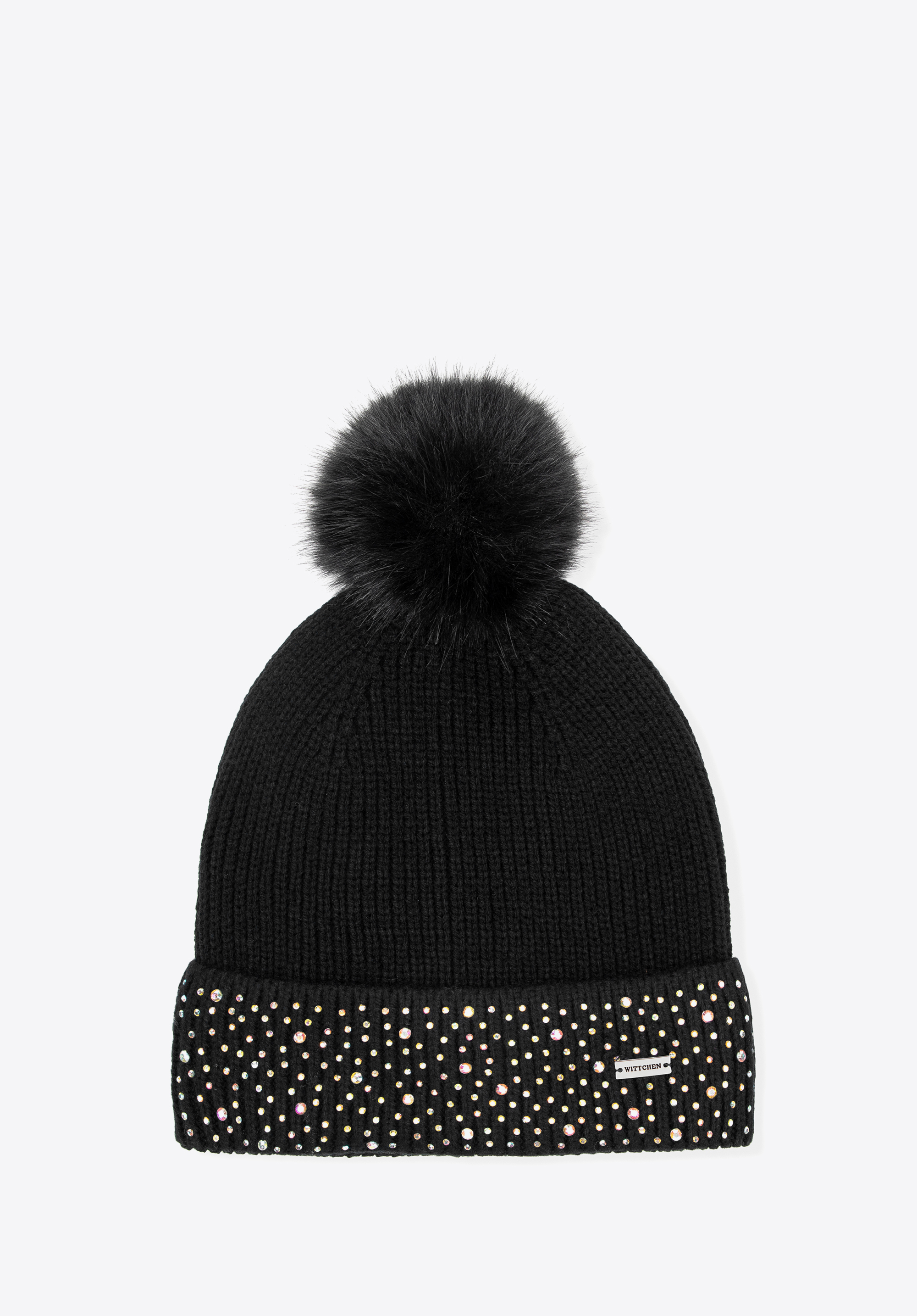 Women's winter hat with rhinestone beads, black, 101-HF-204-1, Photo 1