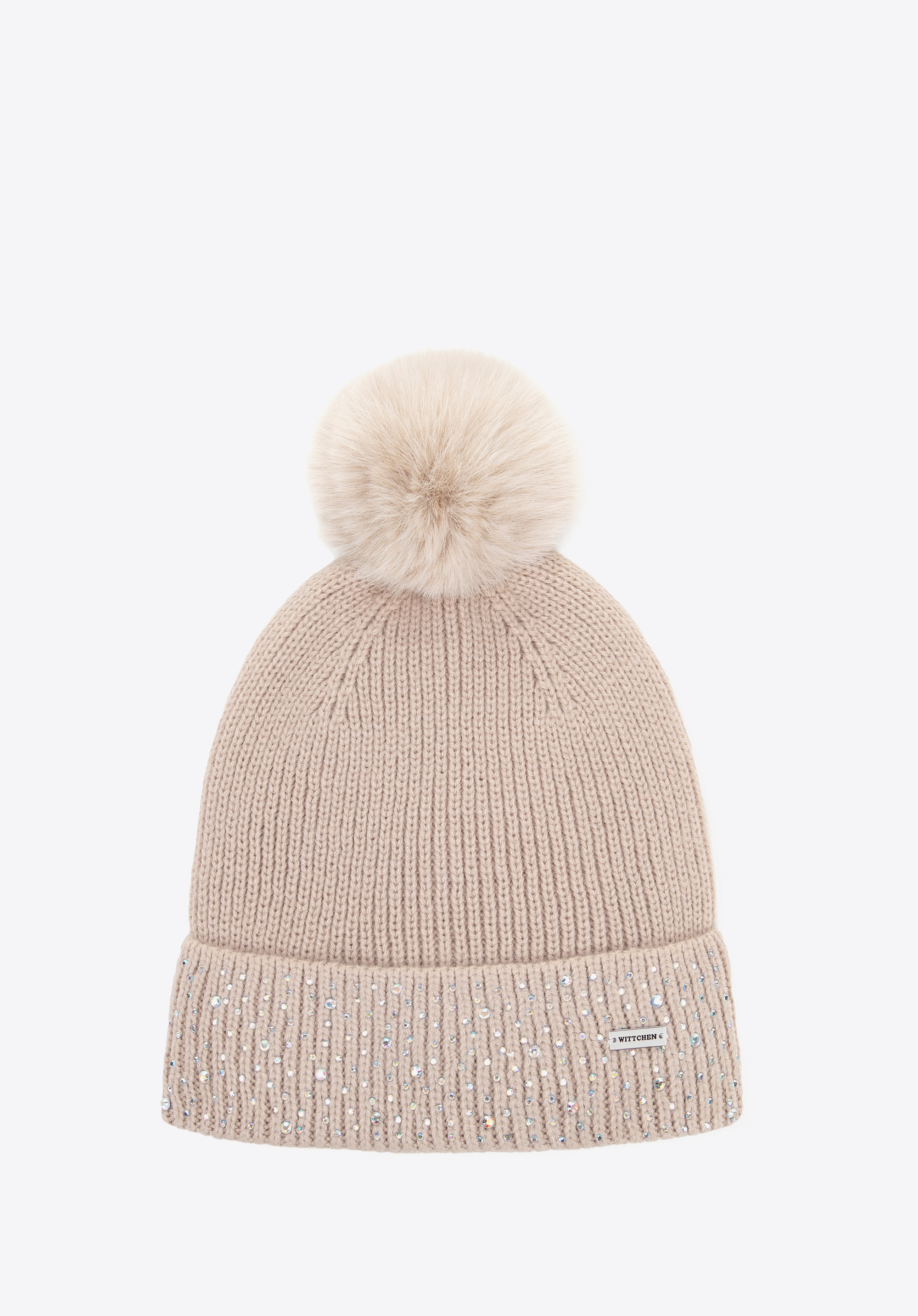 Women's winter hat with rhinestone beads, beige, 101-HF-204-9, Photo 1