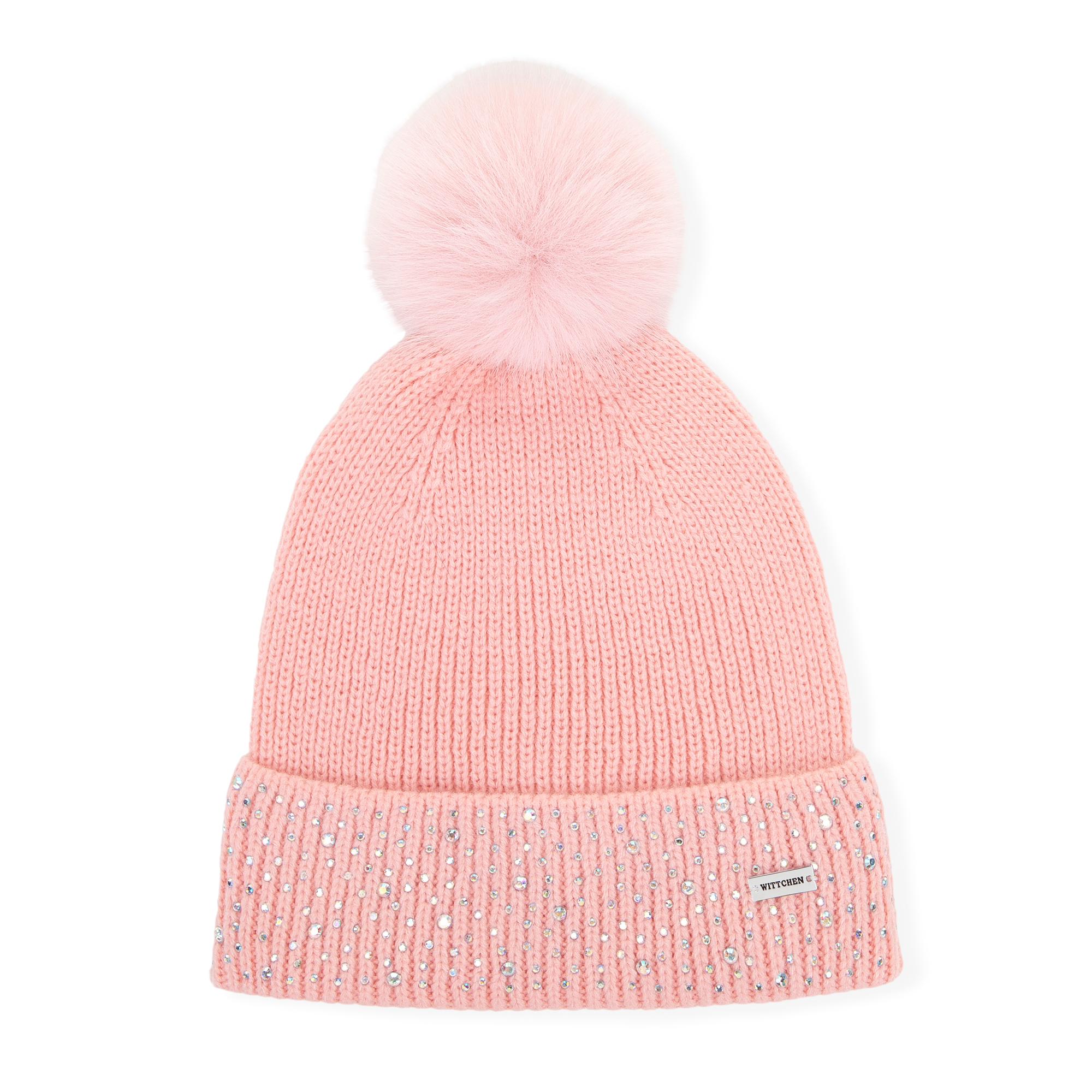 Dámska ružová zimná čiapka s brmbolcom a trblietavými kamienkami – rebrovaný úplet 101-HF-204-P