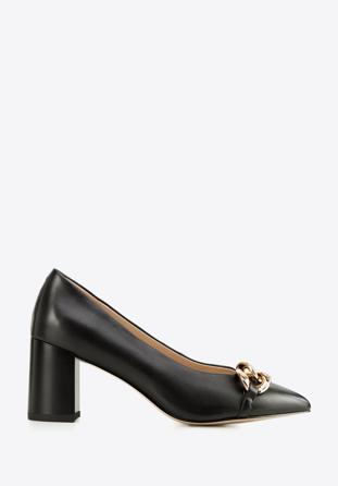 Leather classic court shoes with chain detail, black, 96-D-502-1-41, Photo 1