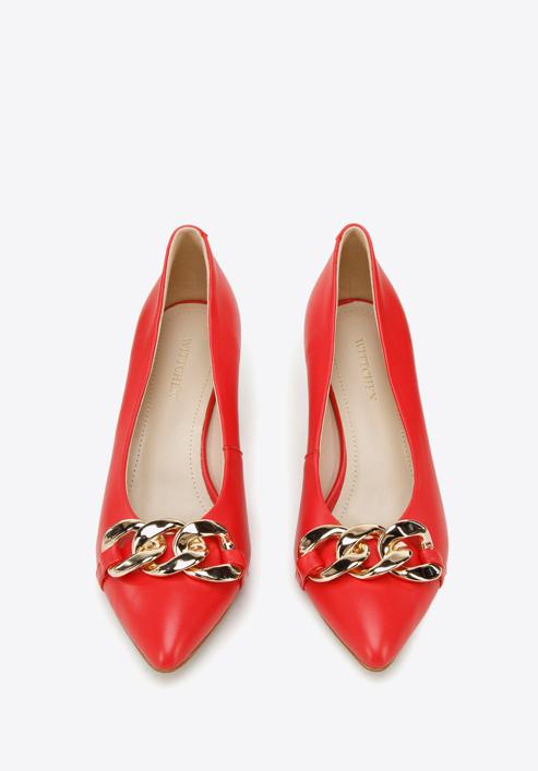 Leather classic court shoes with chain detail, red, 96-D-502-3-38, Photo 2