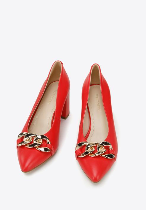 Leather classic court shoes with chain detail, red, 96-D-502-3-40, Photo 3