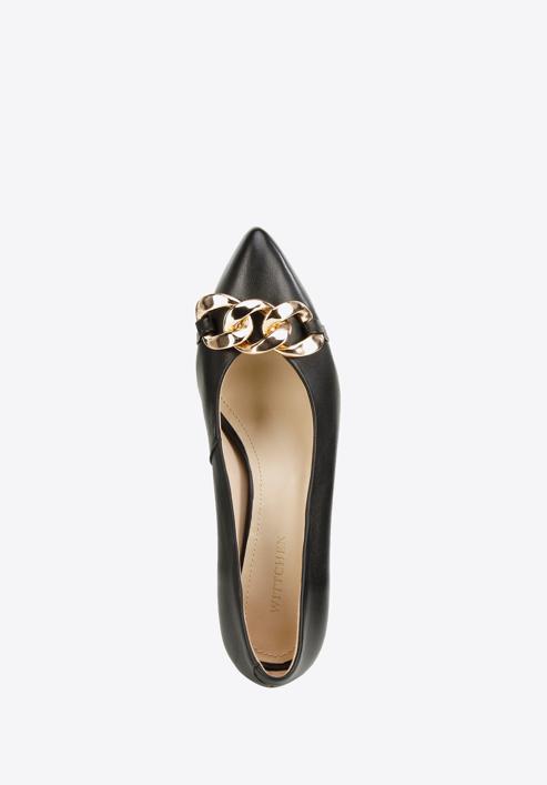 Leather classic court shoes with chain detail, black, 96-D-502-3-39, Photo 4