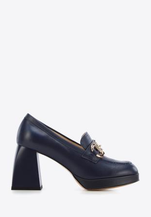 Leather flared heel court shoes, navy blue, 96-D-508-N-41, Photo 1