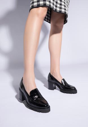 Patent leather block heel penny loafers, black, 96-D-105-1-38, Photo 1