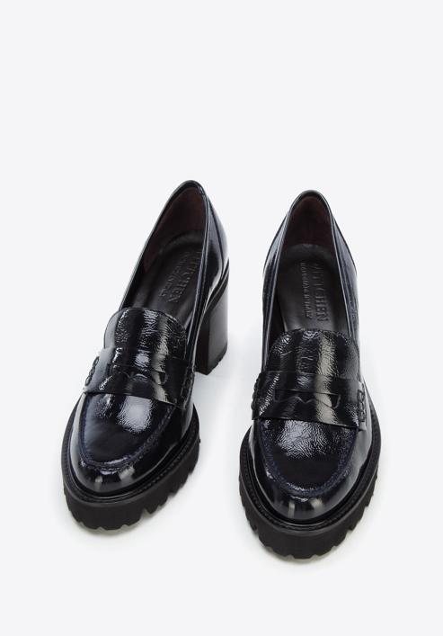 Patent leather block heel penny loafers, navy blue, 96-D-105-N-36, Photo 2
