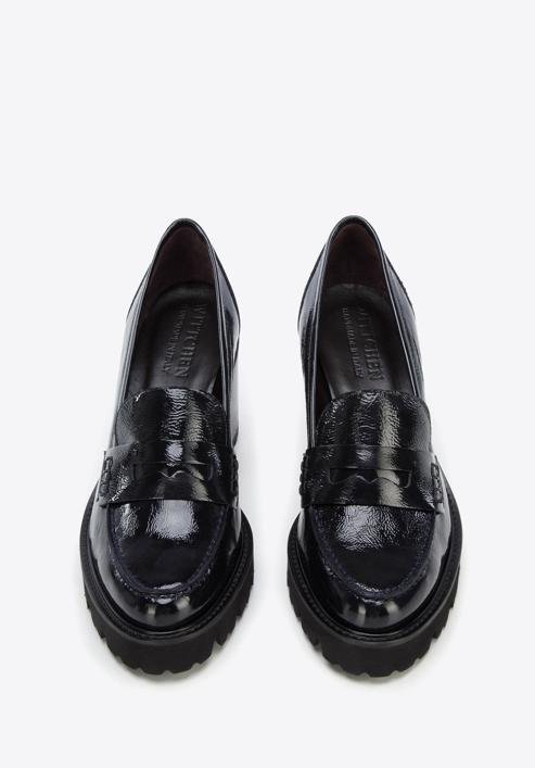 Patent leather block heel penny loafers, navy blue, 96-D-105-1-40, Photo 3