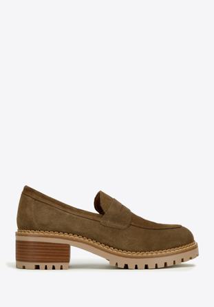Classic suede moccasins with stacked block heel