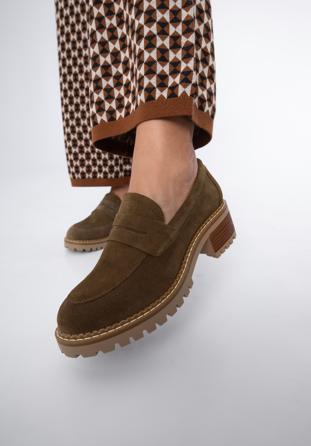 Classic suede moccasins with stacked block heel