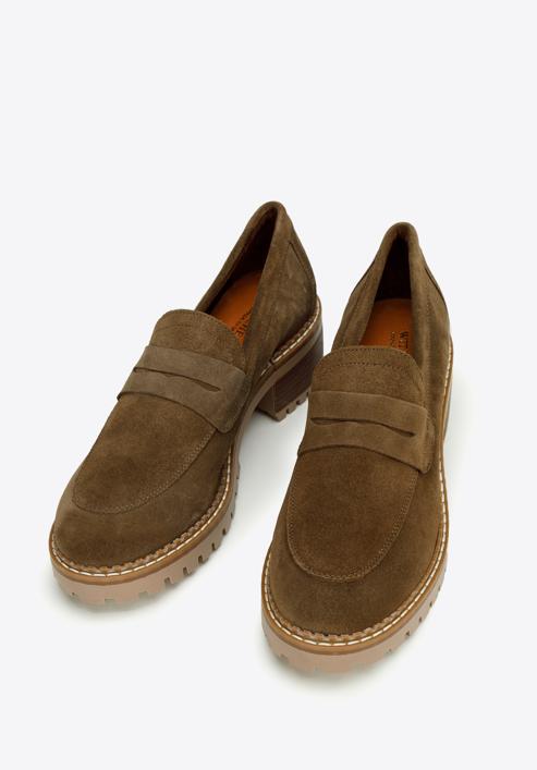Classic suede moccasins with stacked block heel, brown, 97-D-306-4-38, Photo 2