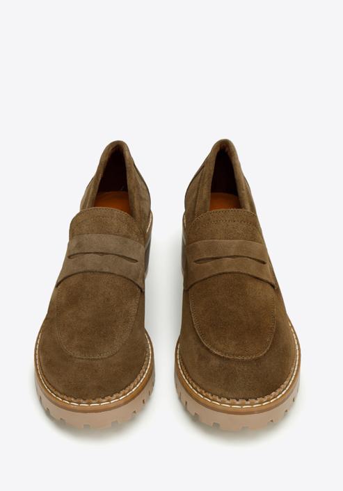 Classic suede moccasins with stacked block heel, brown, 97-D-306-4-38, Photo 3