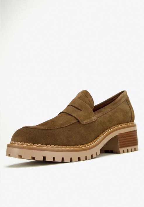 Classic suede moccasins with stacked block heel, brown, 97-D-306-4-38, Photo 7