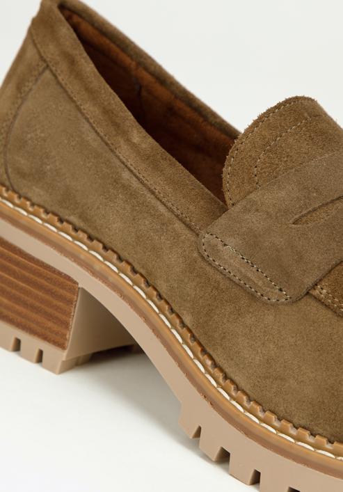 Classic suede moccasins with stacked block heel, brown, 97-D-306-4-38, Photo 9