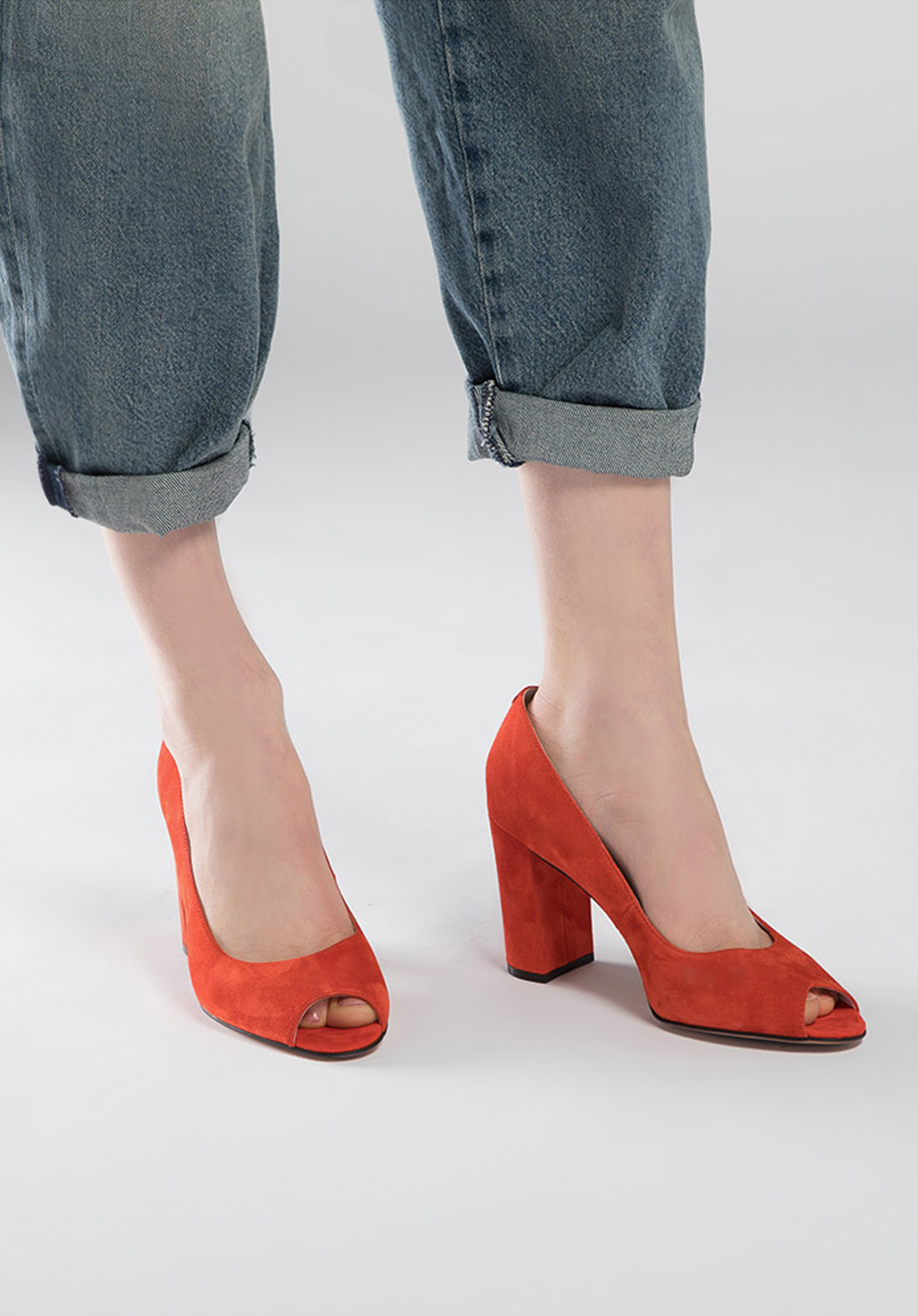 Czółenka zamszowe na słupku peep toe | 90-D-959 | Dobre Ceny