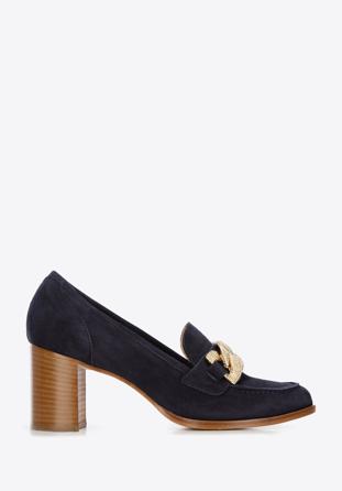 Suede court shoes with decorative chain, navy blue, 96-D-110-N-39_5, Photo 1