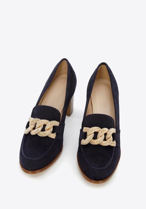 Suede court shoes with decorative chain, navy blue, 96-D-110-N-37, Photo 2
