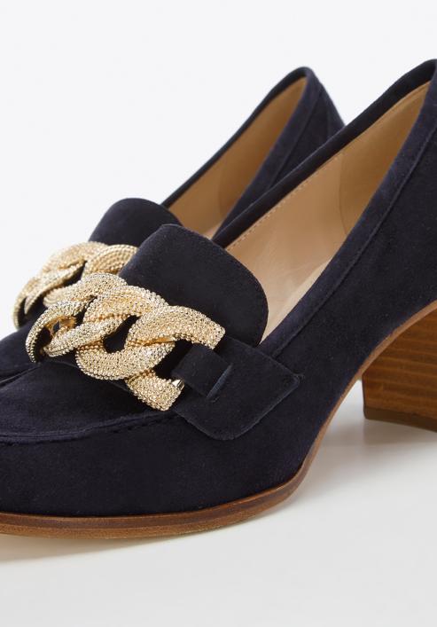 Suede court shoes with decorative chain, navy blue, 96-D-110-N-41, Photo 8