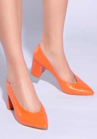 Leather block heel court shoes, orange, 96-D-501-6-39, Photo 1