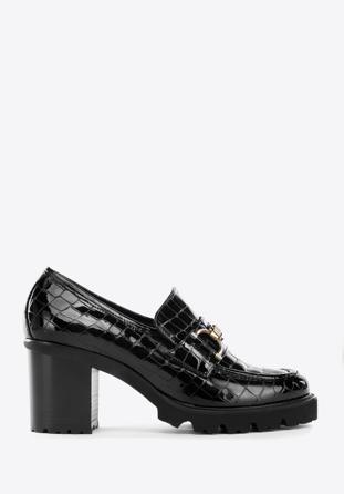 Croc-embossed patent leather court shoes with buckle detail, black, 97-D-108-1-40, Photo 1