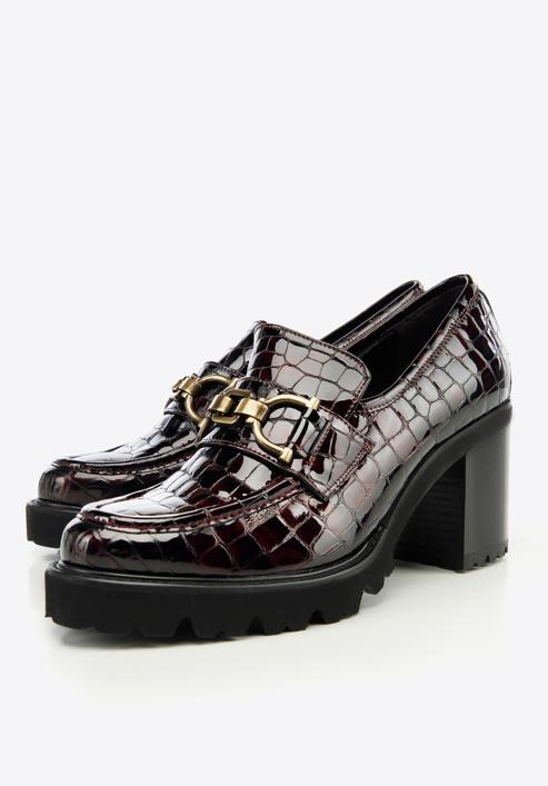 Croc-embossed patent leather court shoes with buckle detail, burgundy, 97-D-108-3-41, Photo 8