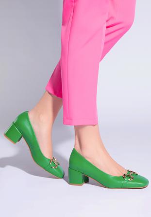 Leather block heel court shoes, green, 96-D-510-Z-40, Photo 1