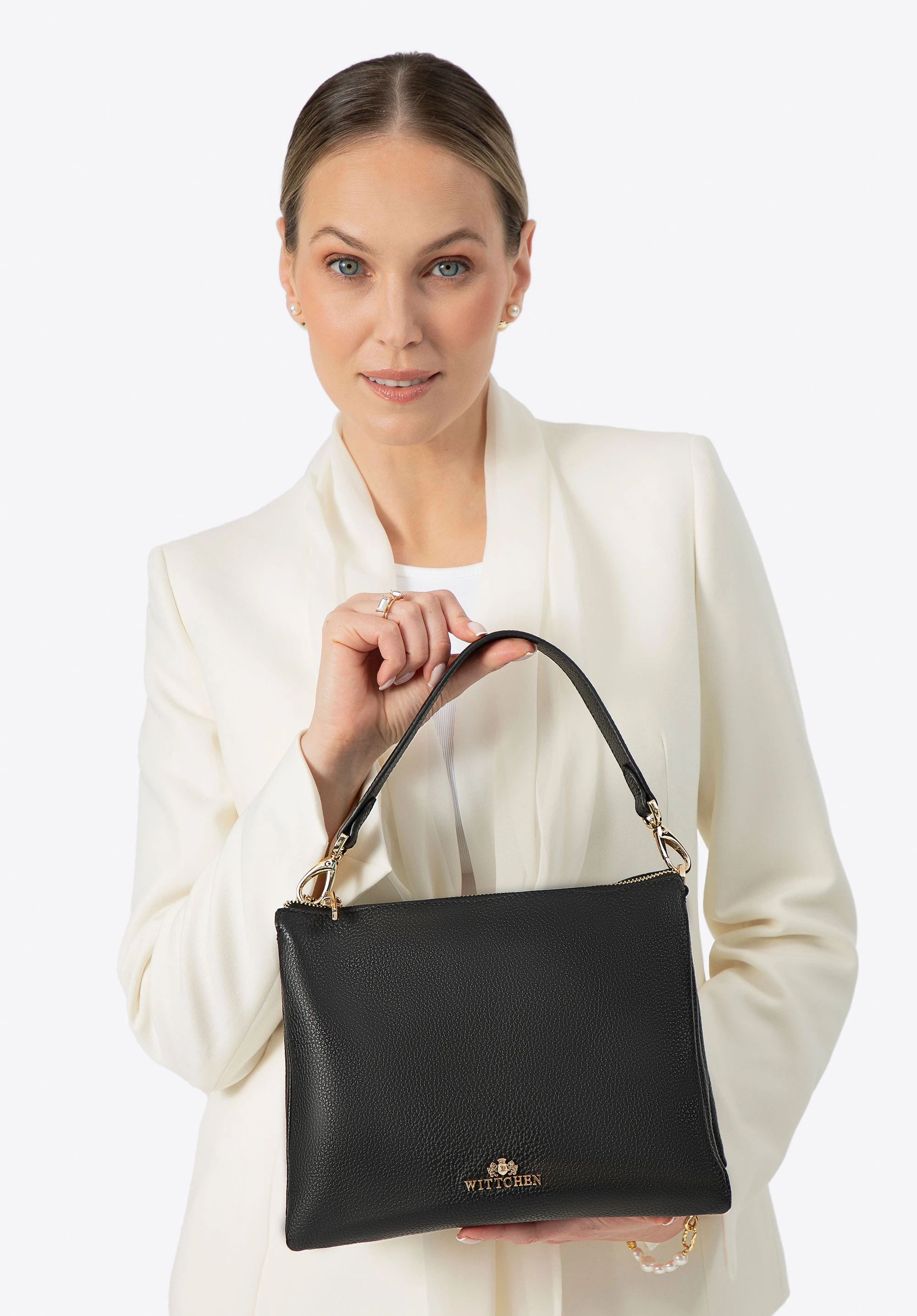 Damska crossbody trójkomorowa ze skóry groszkowej, czarny, 100-4E-809-1, Zdjęcie 1