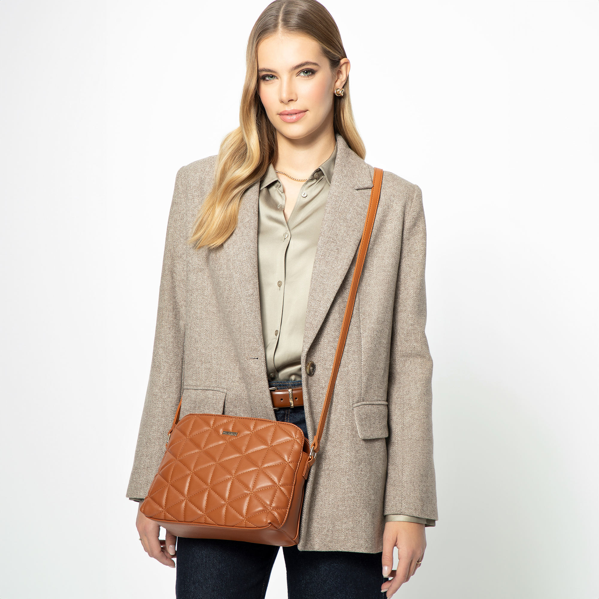 Dámska crossbody kabelka s geometrickým vzorom z ekokože svetlohnedá 99-4Y-605-5, Vyberte variant svetlohnedá