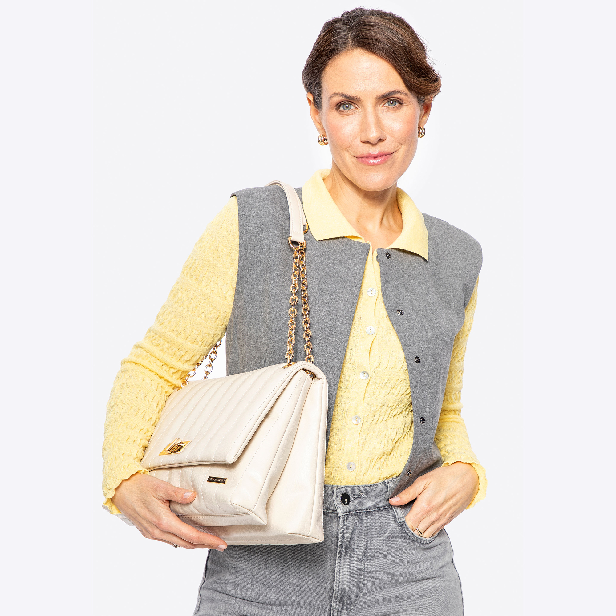 Krémová dvojkomorová crossbody kabelka z imitácie kože 100-4Y-418-0, Vyberte variant krémová
