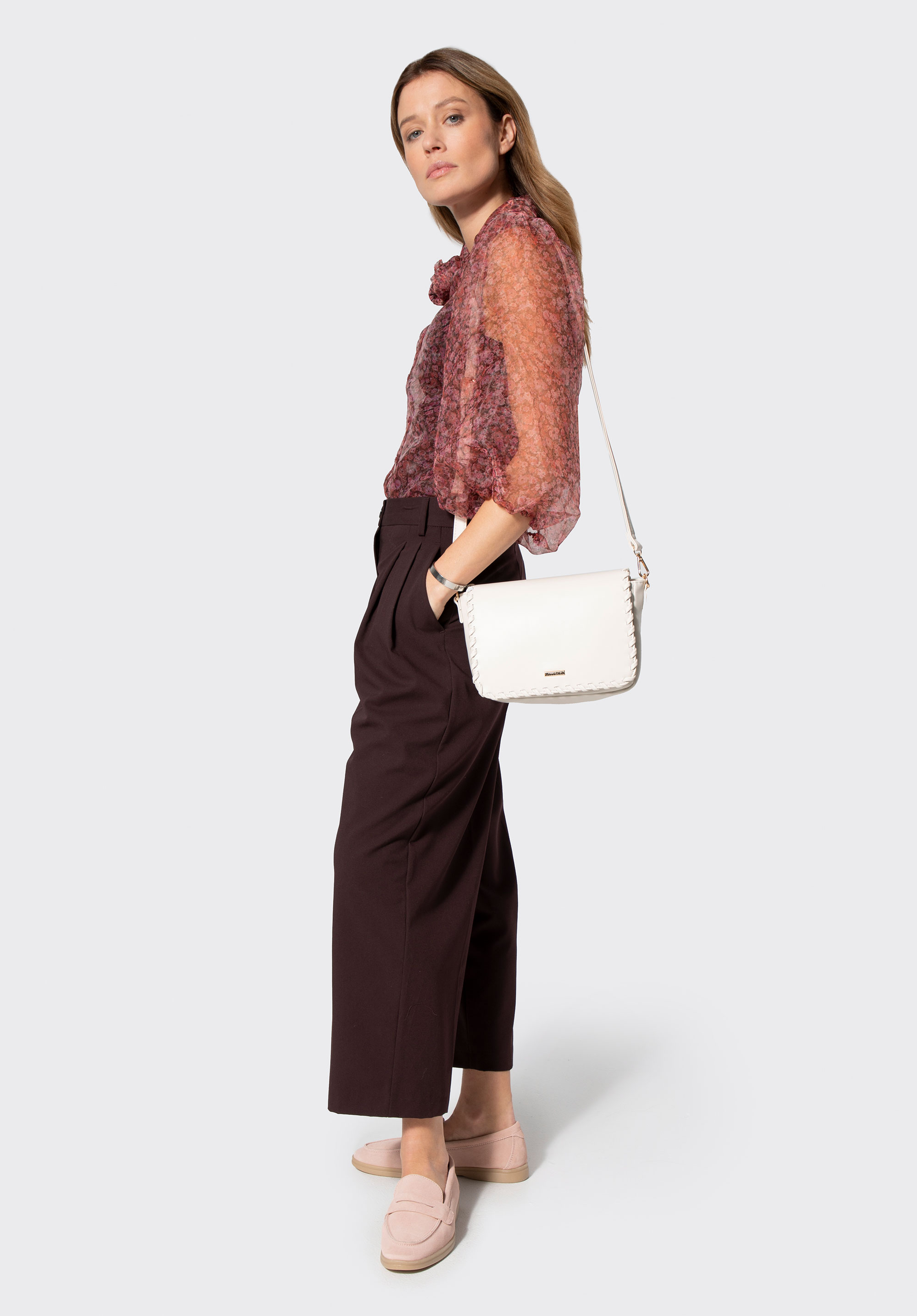 Damska crossbody z obszytą klapą, kremowy, 100-4Y-235-0, Zdjęcie 1