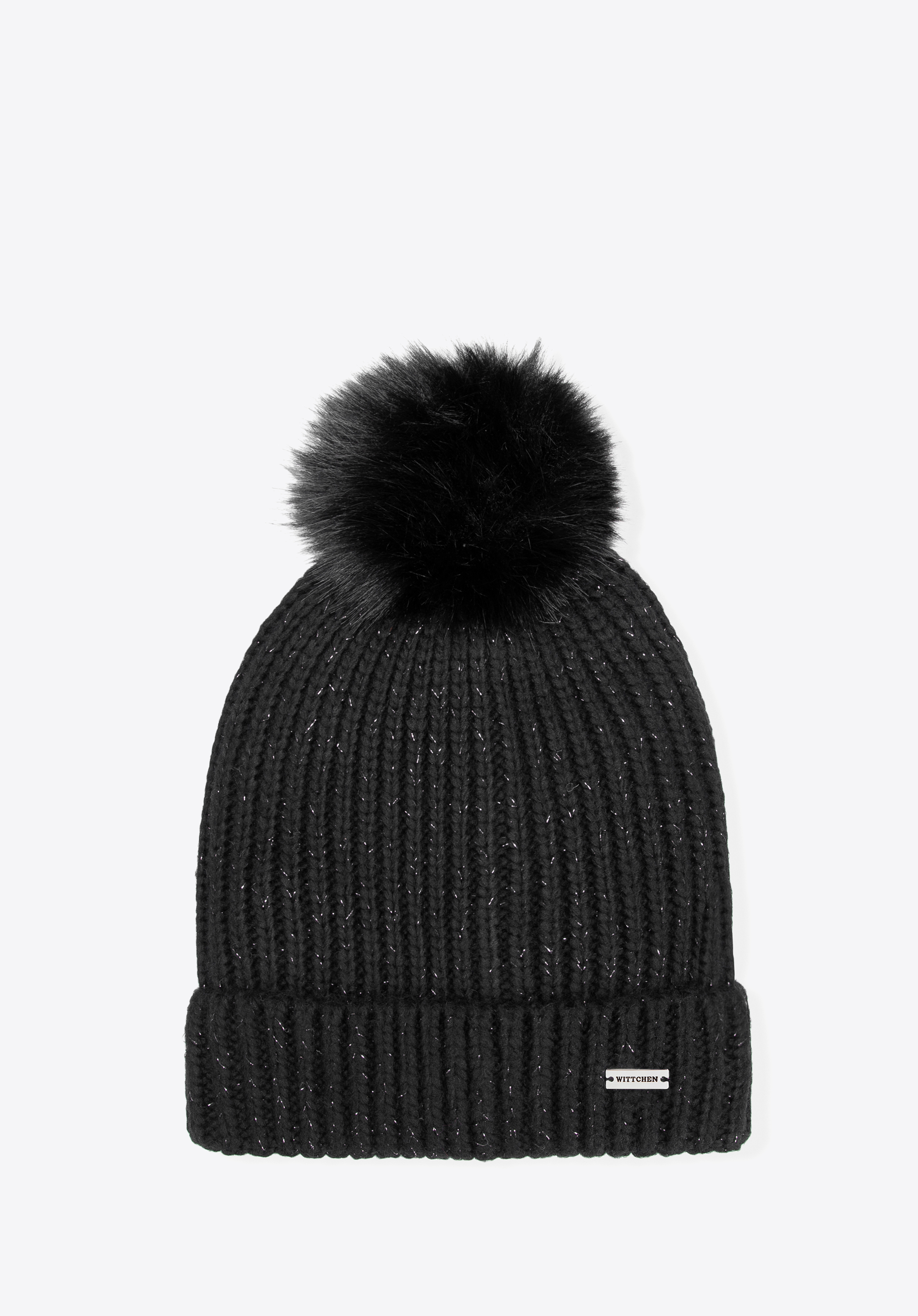 Women's pom-pom hat with metallic thread, black, 101-HF-L07-1G, Photo 1