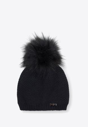 Women's winter hat with pom pom, black, 95-HF-003-1, Photo 1