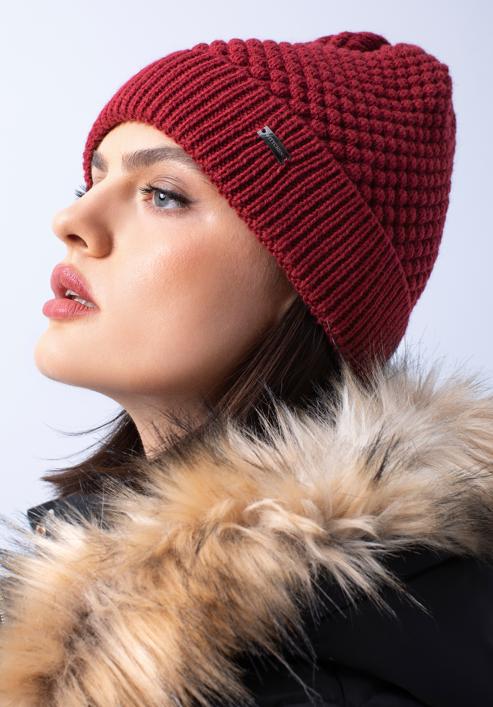 Women's winter hat with seed stitch design, burgundy, 97-HF-006-2, Photo 15