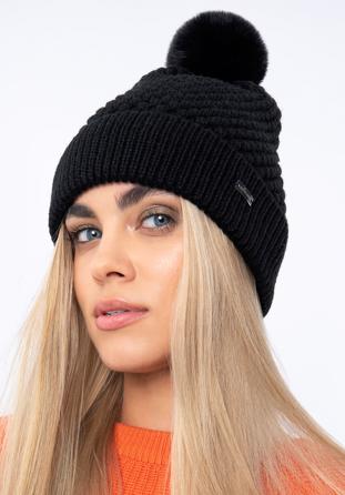 Women's winter seed stitch hat with pom pom, black, 97-HF-005-1, Photo 1