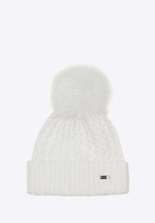 Women's cable knit winter hat with pom pom, cream, 97-HF-105-0, Photo 1
