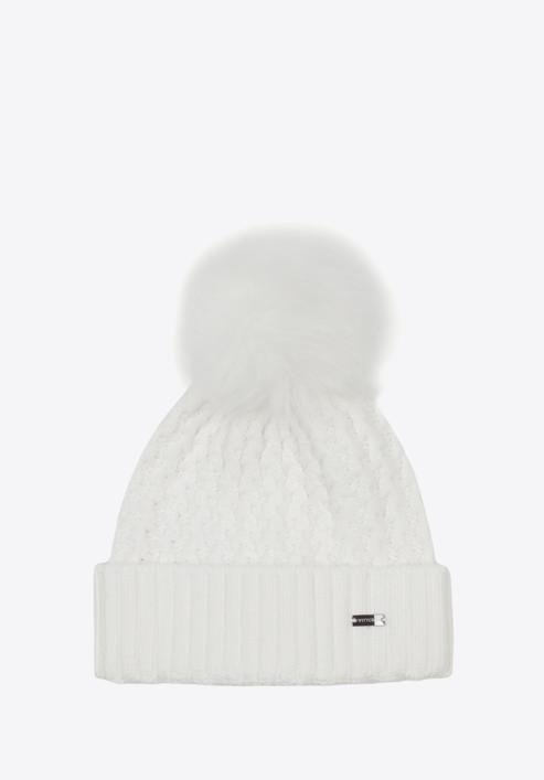 Women's cable knit winter hat with pom pom, cream, 97-HF-105-6, Photo 1