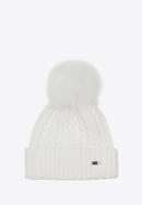 Women's cable knit winter hat with pom pom, cream, 97-HF-105-1, Photo 1