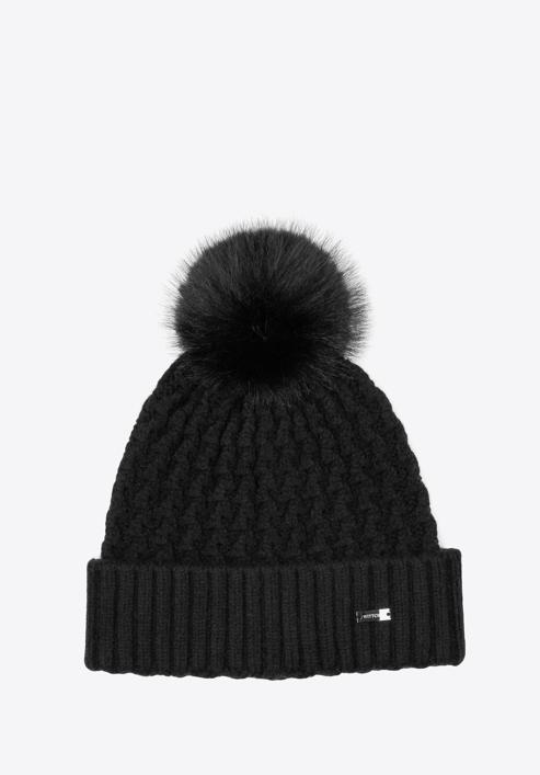 Women's cable knit winter hat with pom pom, black, 97-HF-105-0, Photo 1