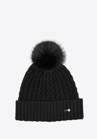Women's cable knit winter hat with pom pom, black, 97-HF-105-1, Photo 1