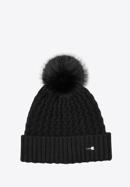 Women's cable knit winter hat with pom pom, black, 97-HF-105-8, Photo 1