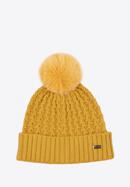 Women's cable knit winter hat with pom pom, yellow, 97-HF-105-8, Photo 1