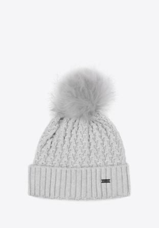 Women's cable knit winter hat with pom pom, grey, 97-HF-105-8, Photo 1
